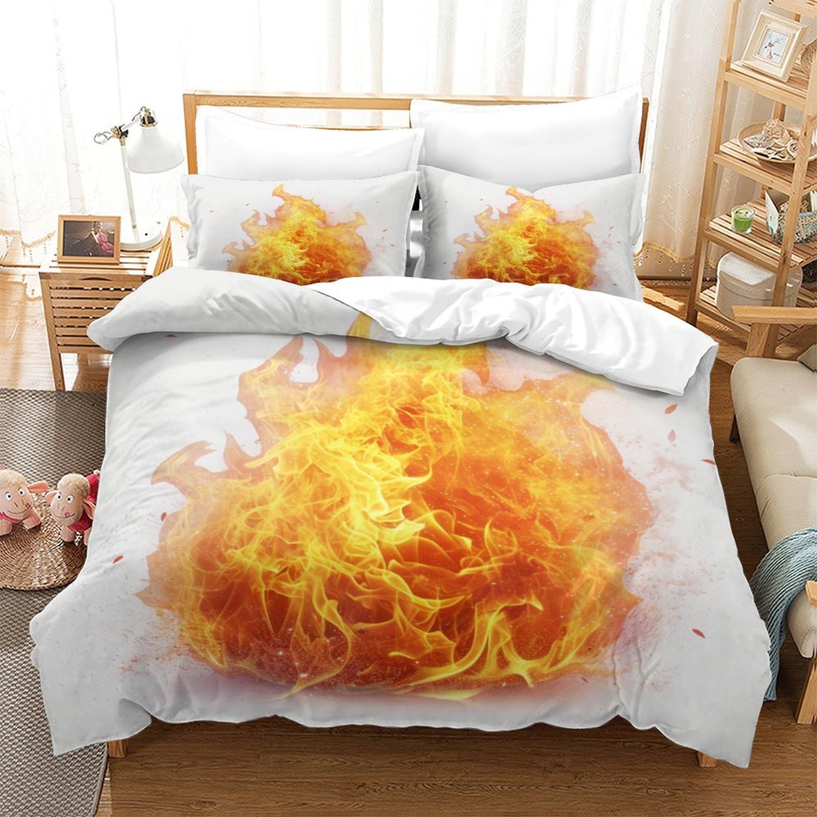 P1S9U7W5Y Dynamic Flame 3D Printing Duvet Cover Set 3pcs Microfiber Fire Bedding Set King（220x240cm）