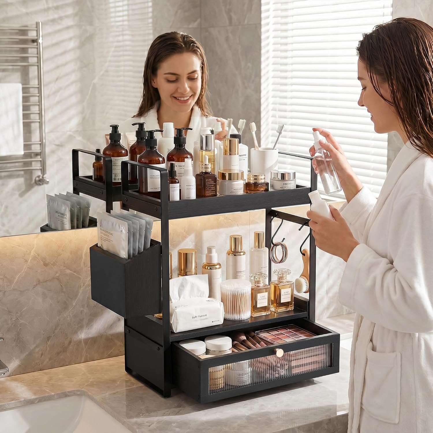 2-Tier Bathroom Counter Organizer with Acrylic Drawer & Basket, Wood Bathroom Countertop Organizer for Bathroom Decor, Rustic Black Bathroom Organizers and Storage, Bathroom Shelf for Office, Kitchen