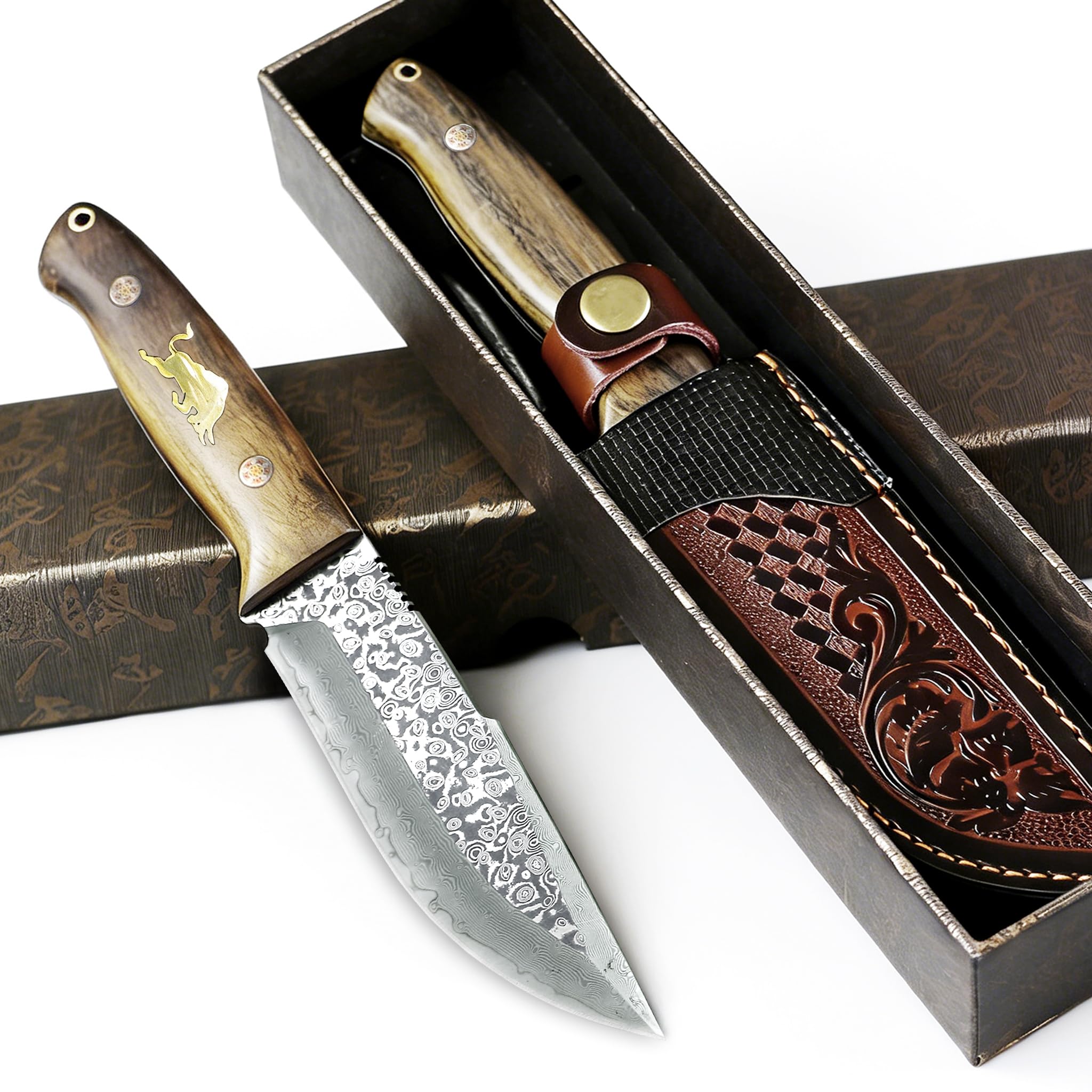 Handgeschmiedetes 67-lagiges VG10 Damast-Festklingenmesser,Outdoor Jagd-Überlebens-Gürtelmesser für Camping,Wandern,Angeln,Massivholzgriff+Echtlederscheide,edle Geschenkbox für Herren&Sammler