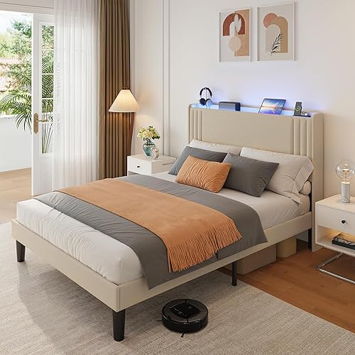 Miniatura 62 de Gizoon Base de cama Queen con cabecera de ala, plataforma tapizada con cabecera geométrica moderna, listones de madera, sin ruido, no necesita