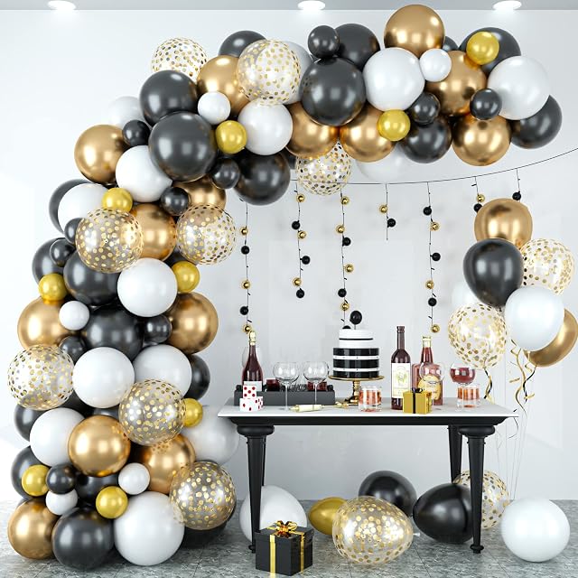 Black Gold Balloon Arch Kit, 120pcs Metallic Gold Black and White Balloon Garland Kit with Confetti Latex Balloons, for Happy New Years Decorations, Birthday Party, Wedding, Anniversary, Retirement