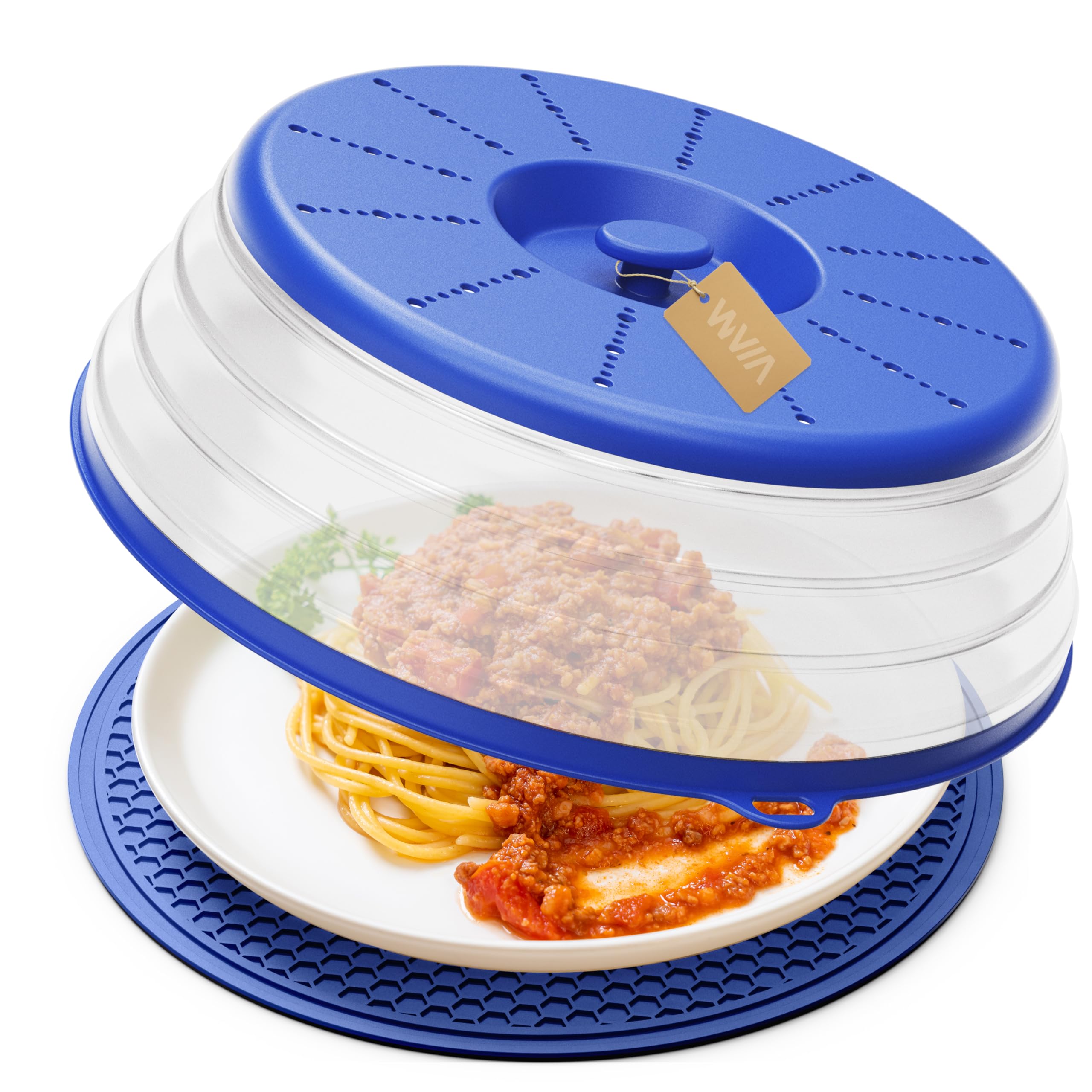 WVM Microwave Splatter Cover &amp; Mat, Vented Collapsible Splatter Guard dish Plate lid &amp; Silicone Round Kitchen Mat for Food, Meal Prep, Blue