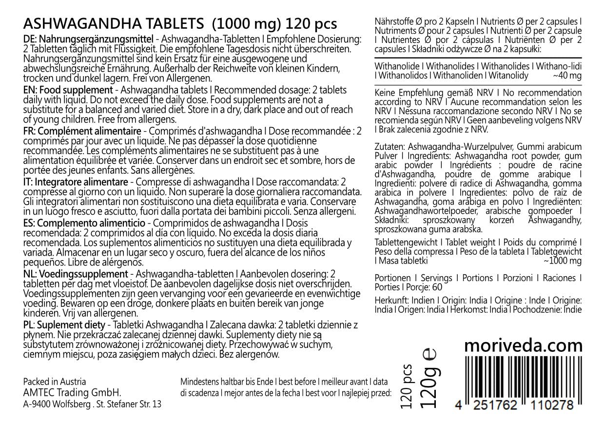 Ashwagandha comprimés2000mg -100% poudre de racine-180 jours d'approvisionnement-produit naturel haute qualité-végétalien et sans gluten- l'équilibre et la paix intérieure-par MoriVeda-360 comprimés