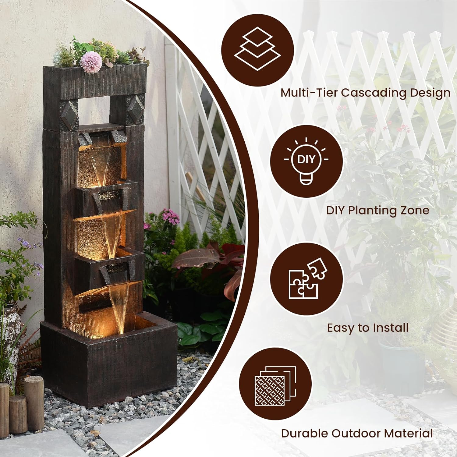 Bumilgar 40.9" H 4-Tier Indoor/Outdoor Modern Water Fountain with Led Lights and Pump, Outdoor Freestanding Cascading Waterfall - Suitable for Garden, Patio, Porch, Yard and Outdoor Decor (Brown)