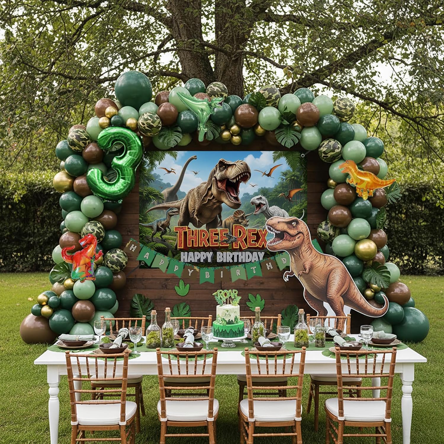 Dinosaur 3rd Birthday Party Supplies for Boys, Three Rex Decorations Kit: Hunter Green Gold Balloon Garland Arch, T-Rex Backdrop, Foil Balloons & Footprint Stickers - Jungle Safari Theme
