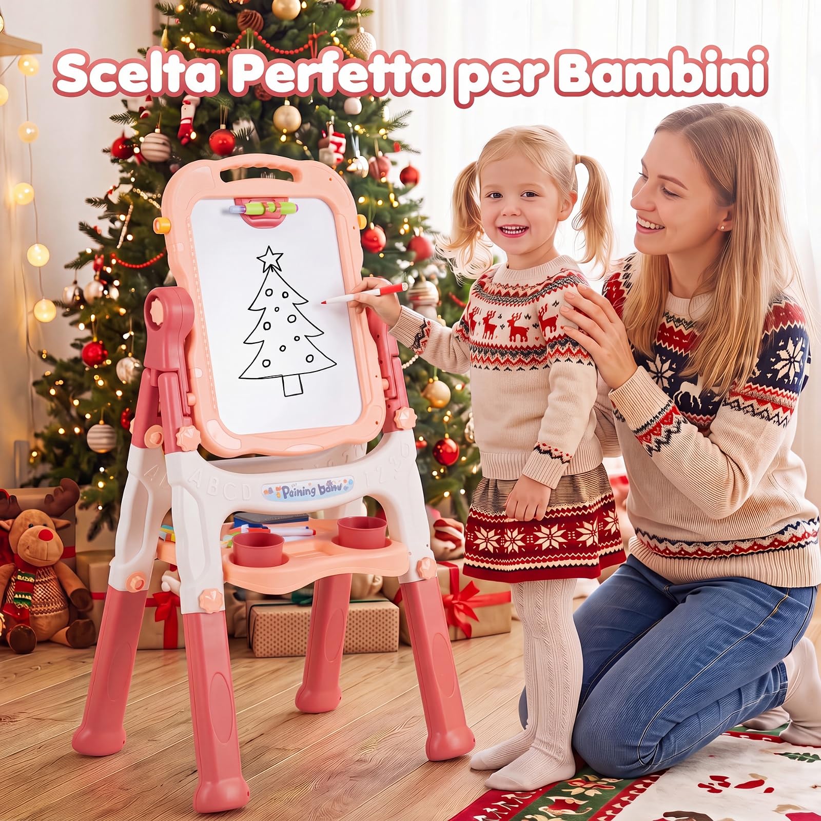 COSTWAY Cavalletto per Bambini, Lavagna Magnetica a Doppia Faccia (Rosa) | 4 in 1 Cavalletto da Disegno Girevole a 360°con Altezza Regolabile, Manico Portatile, 2 Tazze, Gessetti e Pennarelli, 3+ Anni