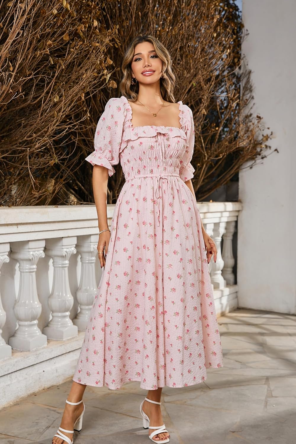 R.Vivimos Women Summer Half Sleeve Cotton Ruffled Vintage Elegant Backless A Line Flowy Long Dresses