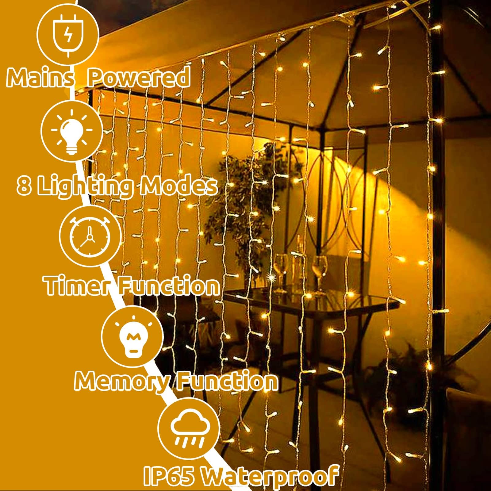 Joycome Kurtyna świetlna na zewnątrz, 3 m x 3 m, 300 diod LED, zasłona z wtyczką, 8 trybów, wodoszczelny, łańcuch świetlny, do pokoju, na balkon, imprezę, do namiotu, na wesele, do użytku na zewnątrz