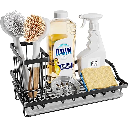 SWTYMIKI Large Sink Caddy Kitchen Sink Organizer with Detachable Brush Holder, Stainless Steel Sink Sponge Holder with Removable Drip Tray Sponge Caddy for Kitchen Sink Countertop, Black