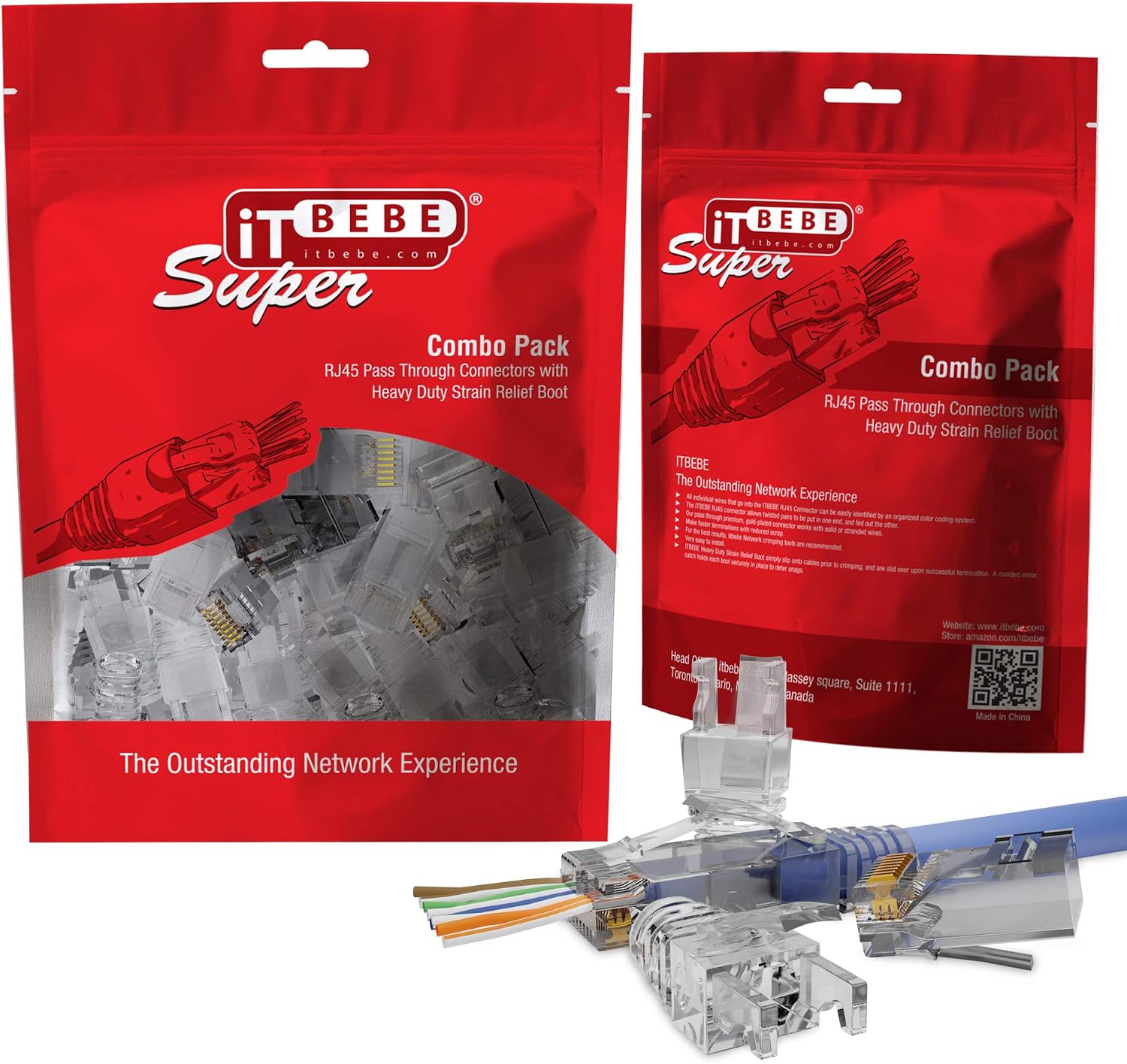 ITBEBE 30/30 RJ45 Cat6 Pass Through Connectors for 24 AWG Cables - 30 Cat6 Passthrough Connector Ends and 30 RJ45 Connectors Clear Strain Relief Boots for Clean, snag-Free Ethernet Patch Cord