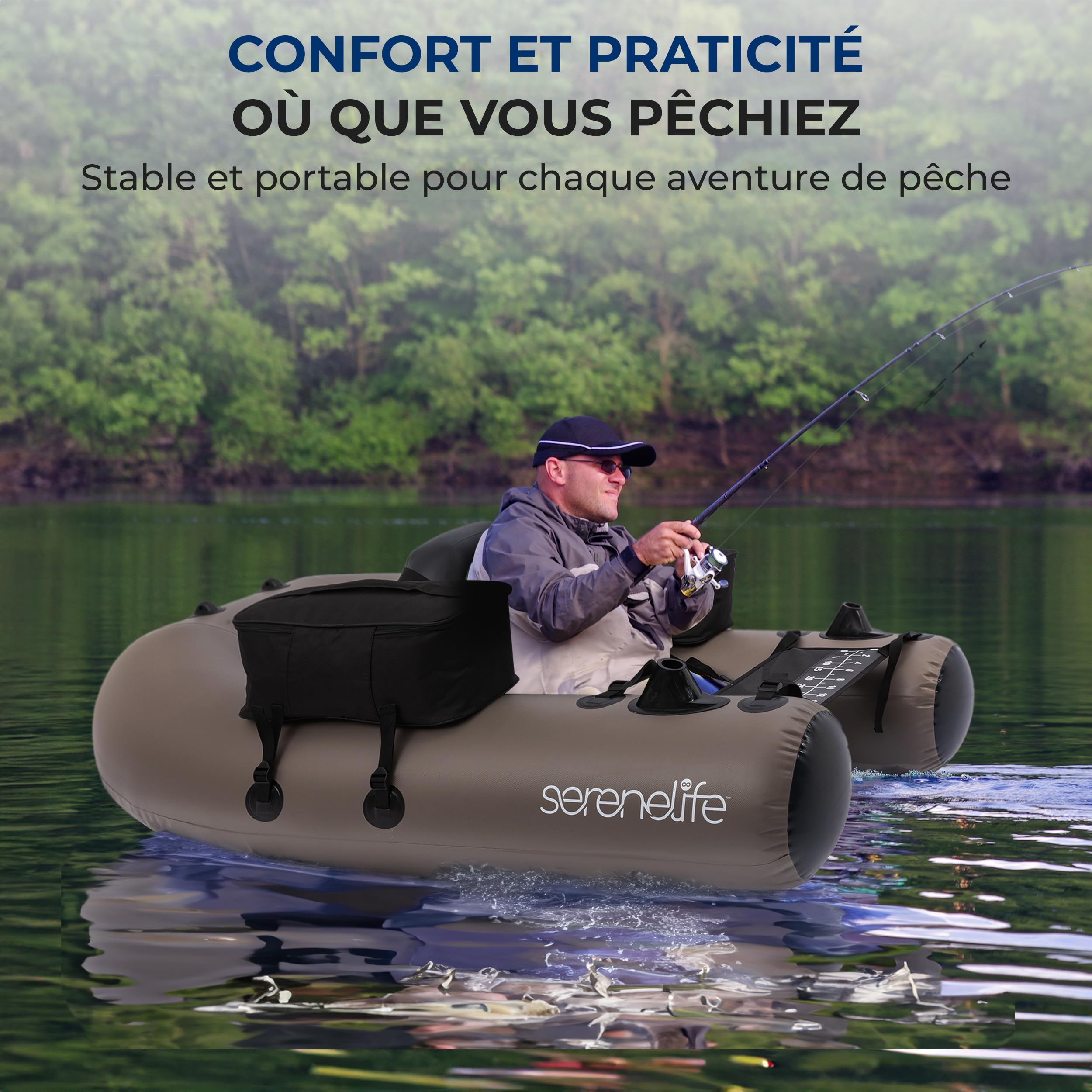 SereneLife Float Tube de Pêche, Belly Boat PVC Laminé, Bateau de Pêche Gonflable Charge 100 kg, Siège avec Dossier, Porte-Cannes, 2 Poches Étanches, Pompe et Sac