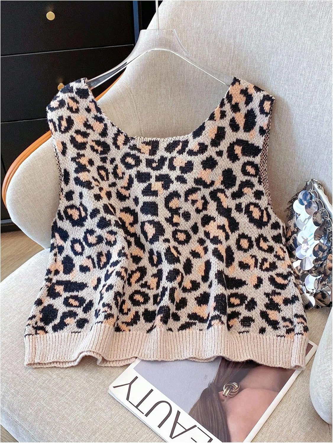 RoseSeek Women's Plus Size Y2K Leopard Print Sweater Vest Bow Tie Up Sleeveless Knitwear Tops
