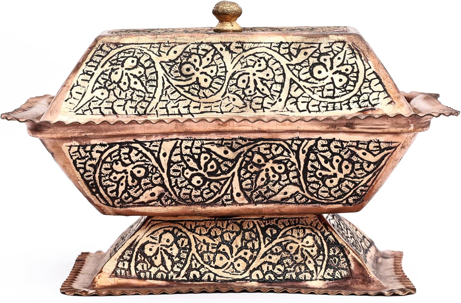 Vintage Kashmiri Copper Butter Box with Lid, Black Engraved Design, 7.87x5.11 Inches, Decorative Storage Container