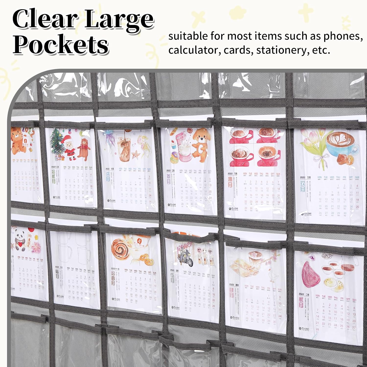 Classroom Pocket Chart Organizer for Phone Calculator Holder, Clear Pocket Organizer for Classroom Storage, Hanging Wall Door Calculator Phone Caddy, 36 Pockets(Grey)