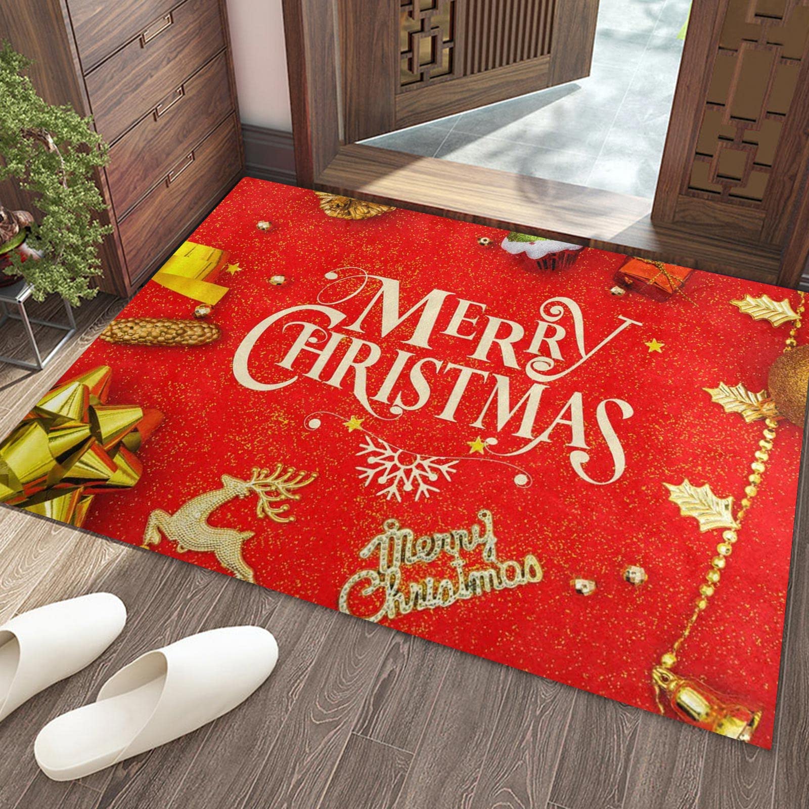 Tapis De Noël, Rouge Avec Père Noël Et Flocon De Neige Pour Salon Ou Chambre à Coucher,120 X 160cm,Style 10 - Maison