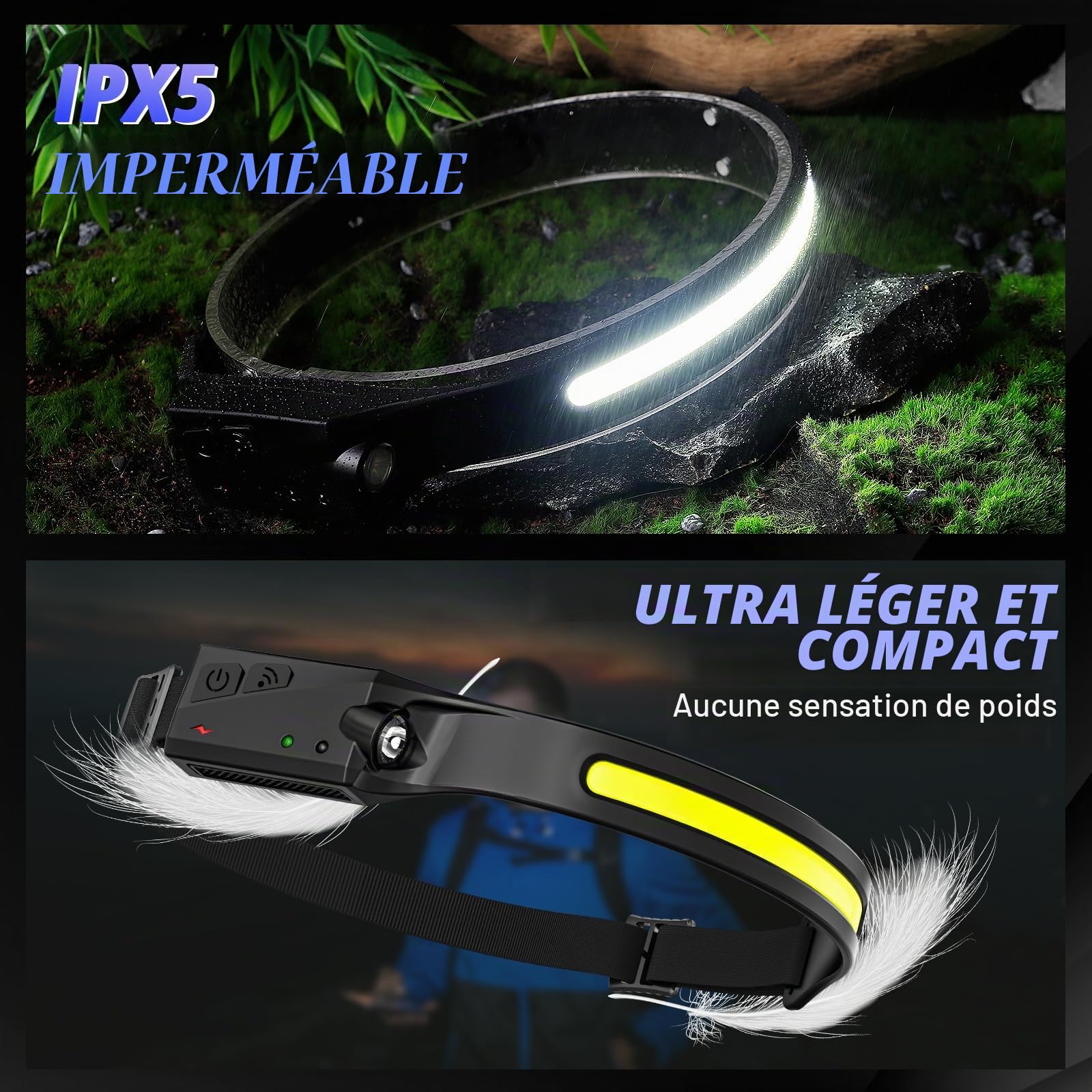 2 Pièces Lampe Frontale LED Ultra Puissante,2000 Lumens 5 Modes Lampe Frontale Rechargeable,Capteur De Mouvement USB IPX4 Étanche Torche Frontale,Pour Le Camping Pêche Le Jogging Pêche Vélo