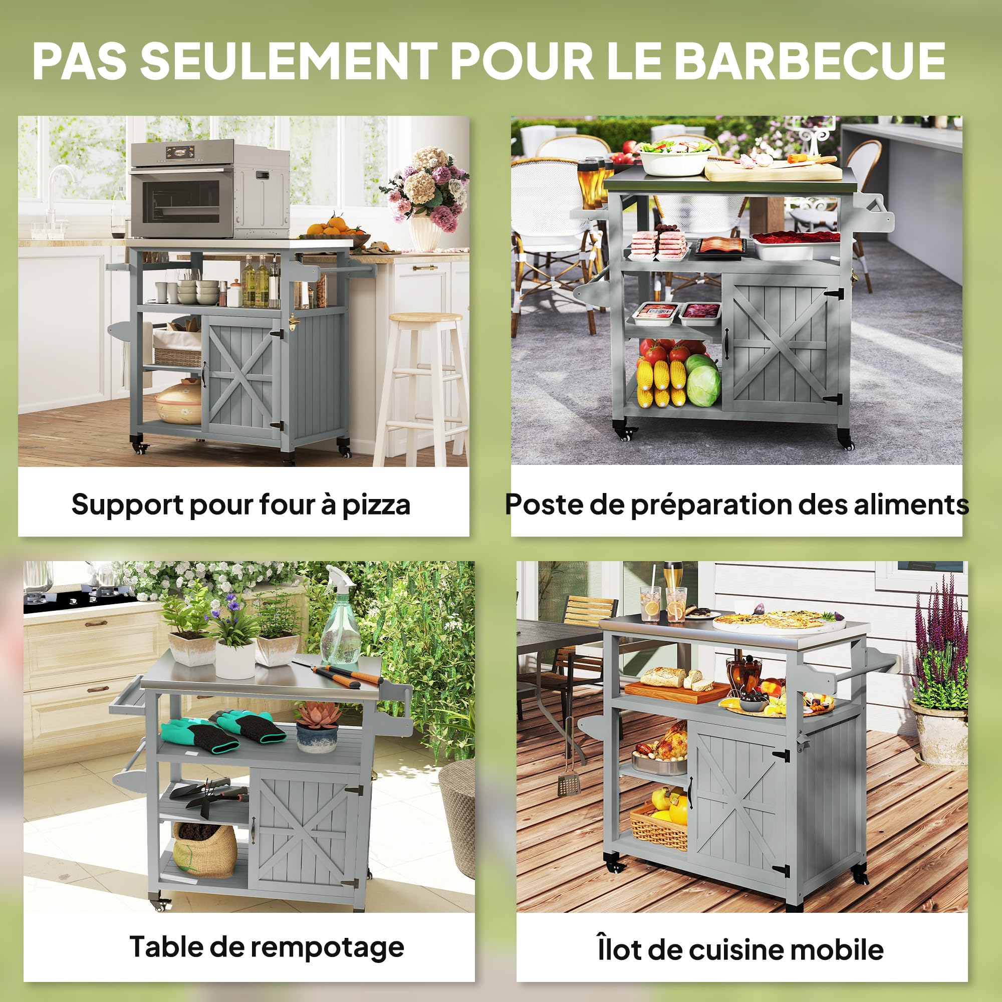 Outsunny Desserte Jardin Chariot de Barbecue sur roulettes îlot de Cuisine en Bois Plateau en Acier Inoxydable Placard étagères Ouvertes Porte-épices Porte-Serviettes décapsuleur 107x49,5x92,5cm Gris