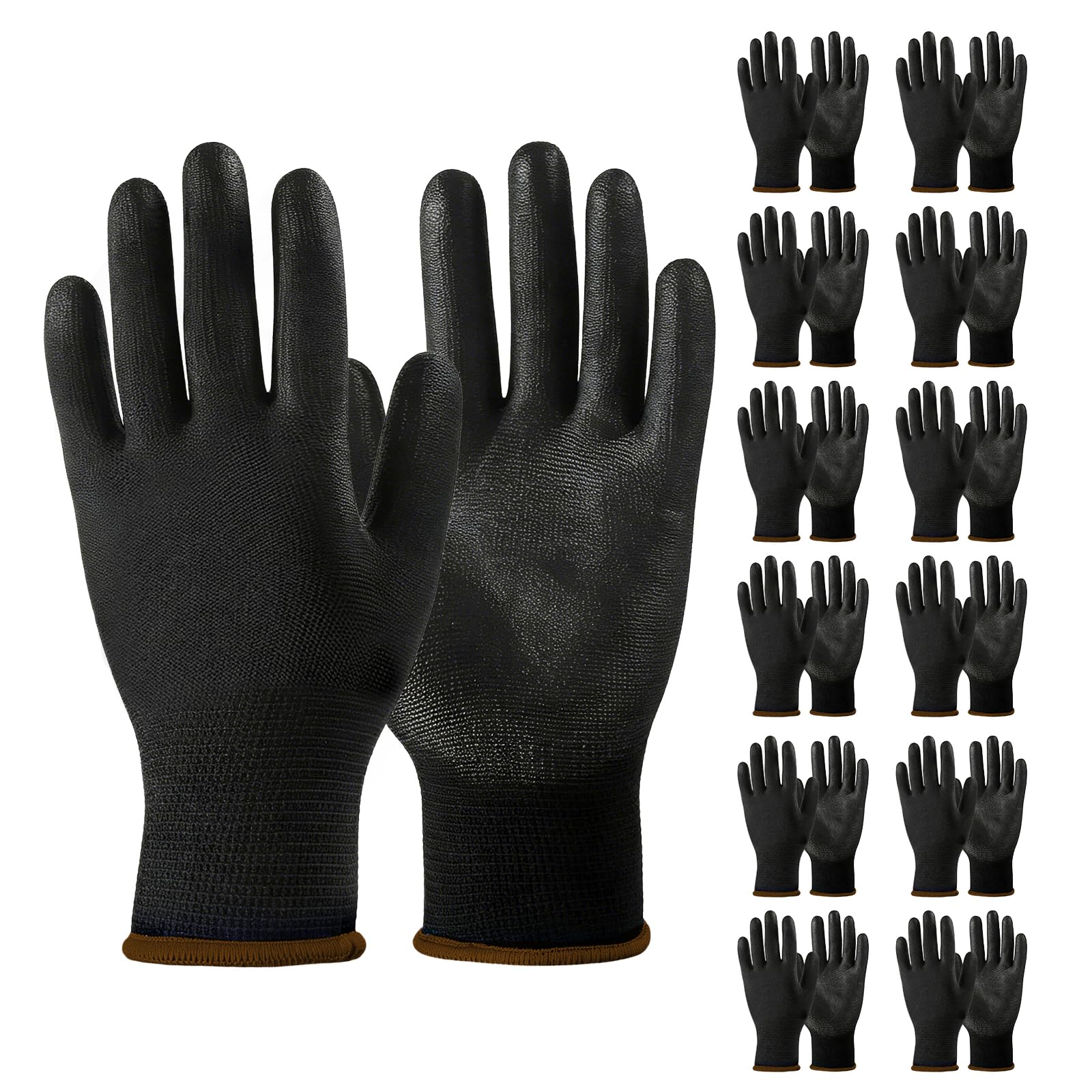 AMFUN Pack of 12 Safety Gloves, Polyester PU Black Work Gloves, Dexterity Firm Grip Protective Working Gloves For General Duty Work (Pack of 12 Pairs, L)