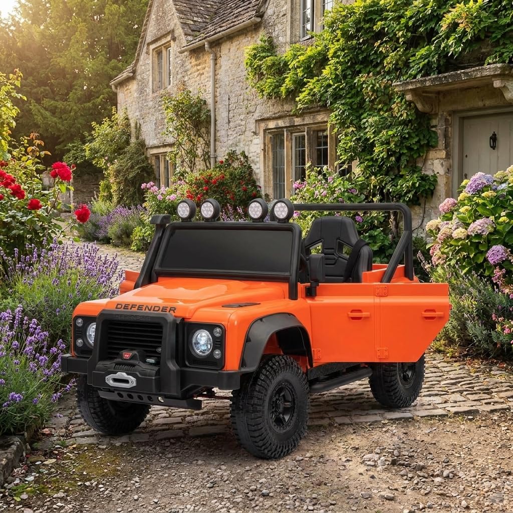 Elektryczny samochód dla dzieci Land Rover Defender 110 SVX 12V, pomarańczowy, skrzynia biegów 4X4, reflektory LED, zawieszenie przednie i tylne, pilot 2,4 GHz, wejście USB/Aux, Bluetooth, bateria