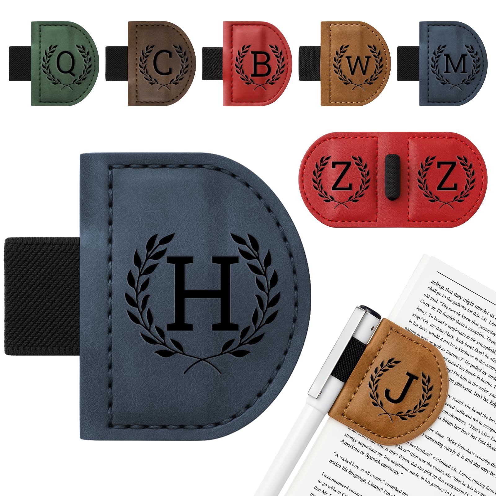 Personalized Bygone Mark Bookmark with Pen Holder,Engraving Leather Magnetic Bookmarks Vintage 26 Letters Name Initials Text Book Marker Clips Gifts