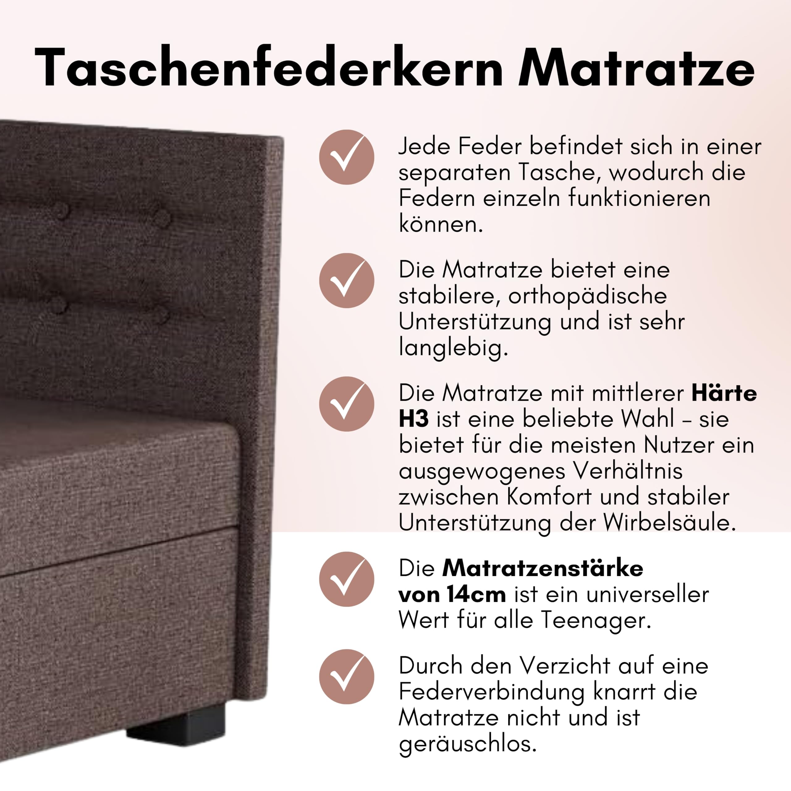 Boxspringbett Adel+ 93x198x42 cm mit Taschenfederkern Matratze, Bett mit Matratze, Polsterbett mit Bettkasten, Gepolstertes Einzel Bett, Schlafsofa - Graphit