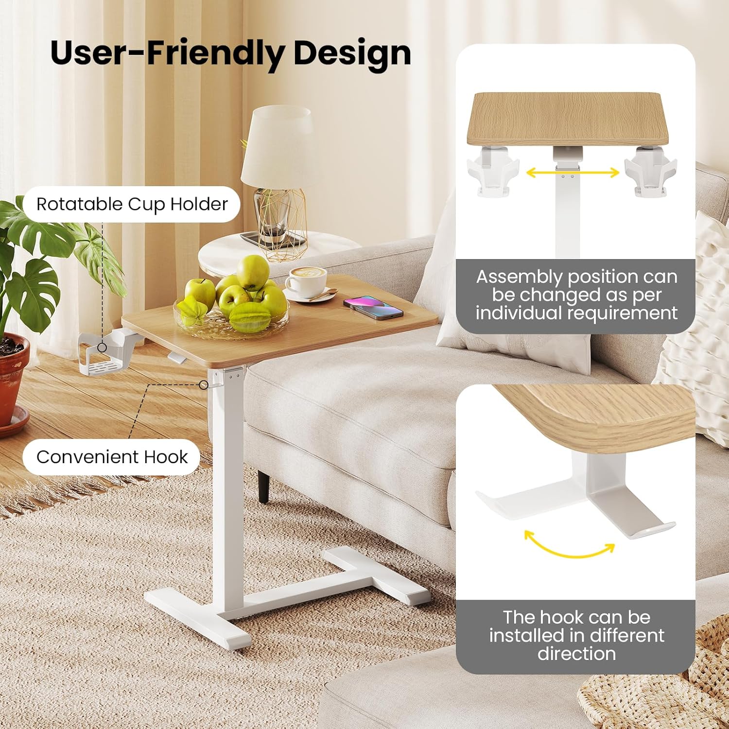 GOFLAME Rolling Standing Desk, C Shaped End Table Adjustable Height with Hidden Wheels, Cup Holder & Headphone Hook, Mobile Sofa Couch Bed Side Table for Living Room, Home Office (Natural)