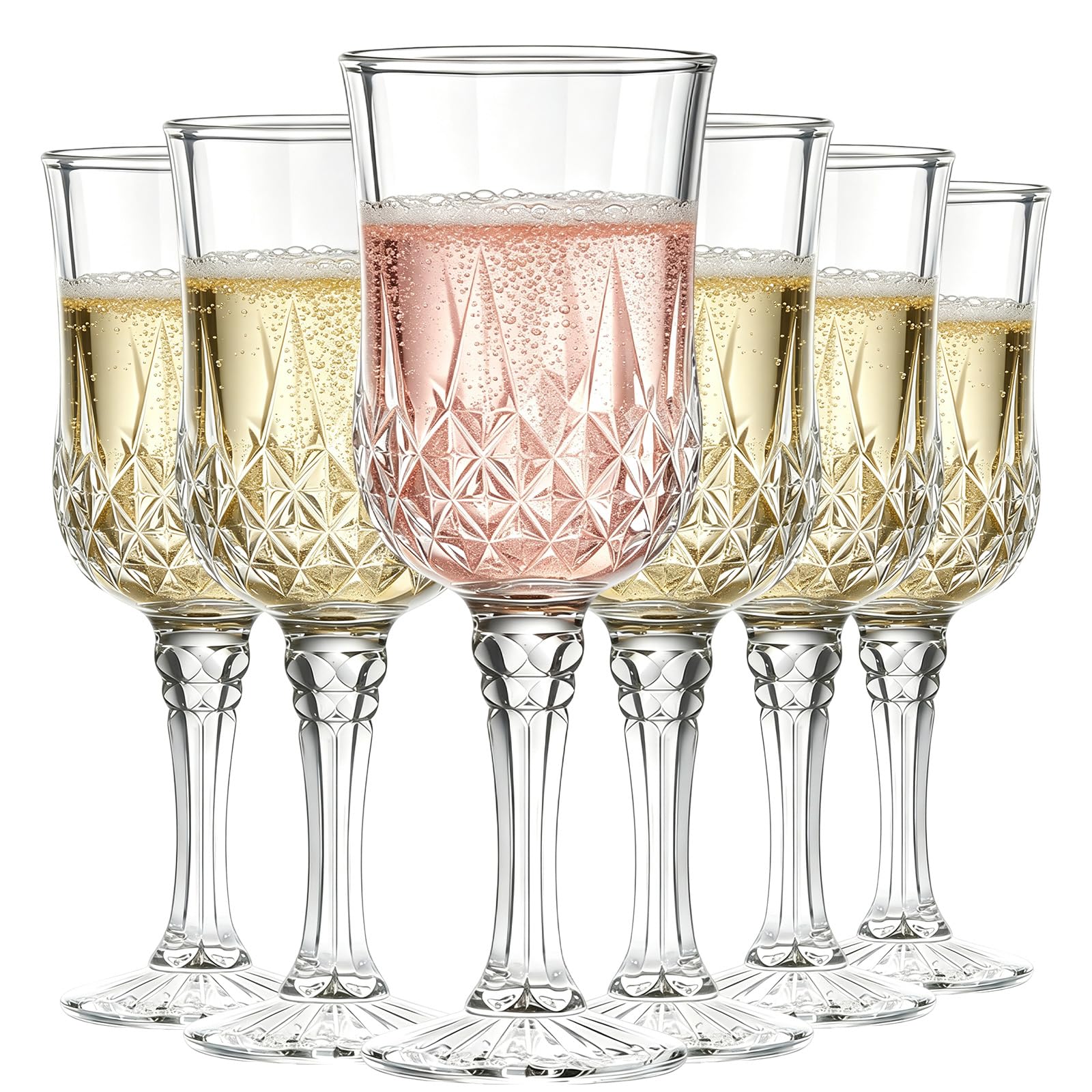 BITUSIC Set of 6 Champagne Glasses 215 ml, Vintage Cut Glass Wine Goblets with Stem, Clear 215 ml Prosecco and Sparkling Wine Glasses for Wedding, Garden Party and Dinner