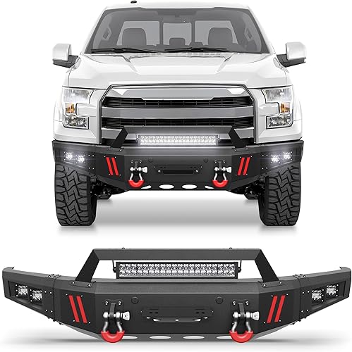 Parachoques delantero para Ford F-150 2015-2017, F150 parachoques negro con placa de cabrestante, anillos en D, placa de matrícula de luces y
