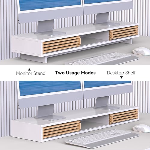 Miniatura 7 de Dual Monitor Stand Riser with Sliding Door, Double Computer Laptop Stand Desk Shelf Organizer with Storage (White + Natural Bamboo, 38 Inch)