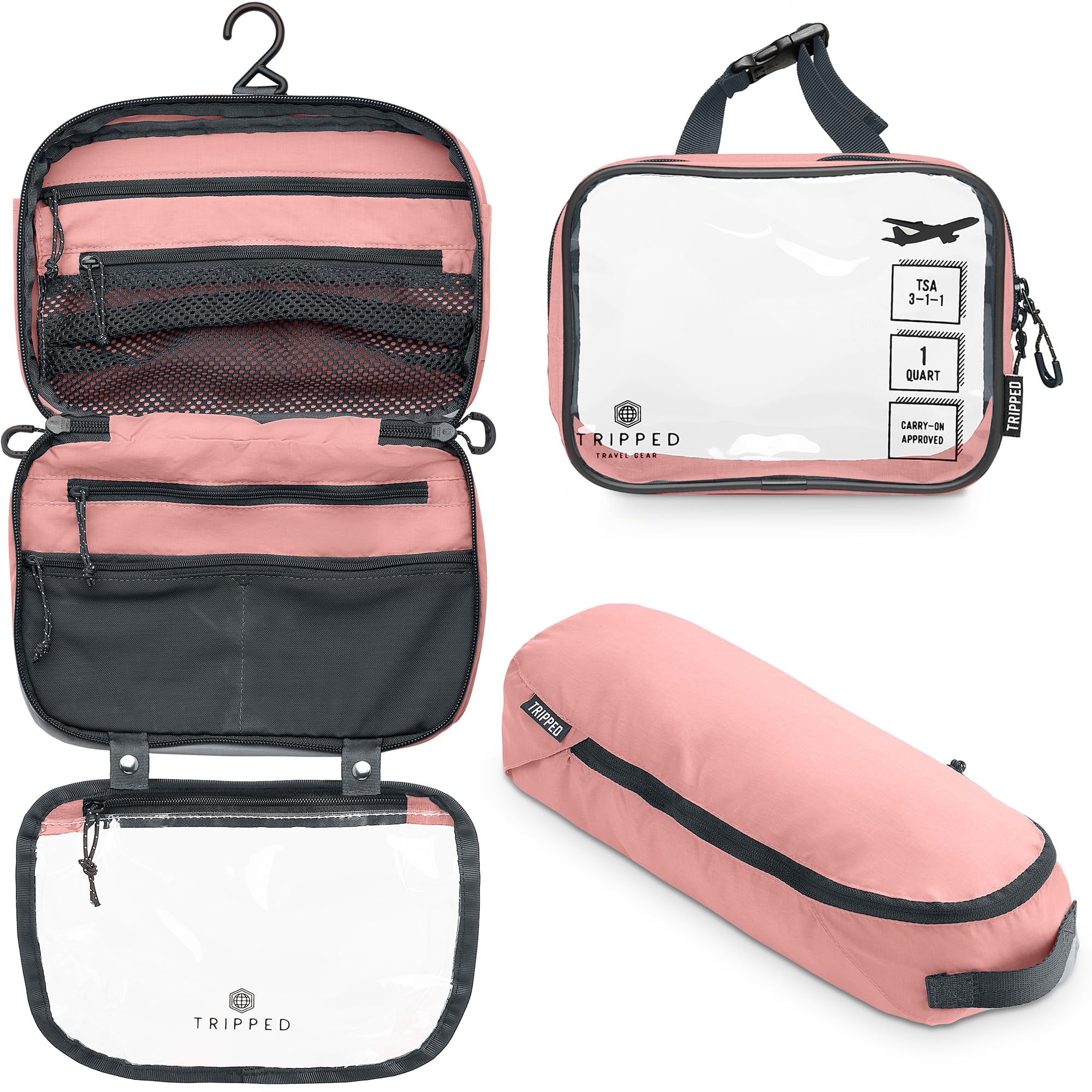Toiletry Bag Kit Set: Hanging Travel Toiletry Bag + 311 TSA Cosmetic Liquid Bag + Ultralight Accessory Organizer Pouch, Dusty Rose, Carry-on Quart Size, 3 Piece Toiletry Set