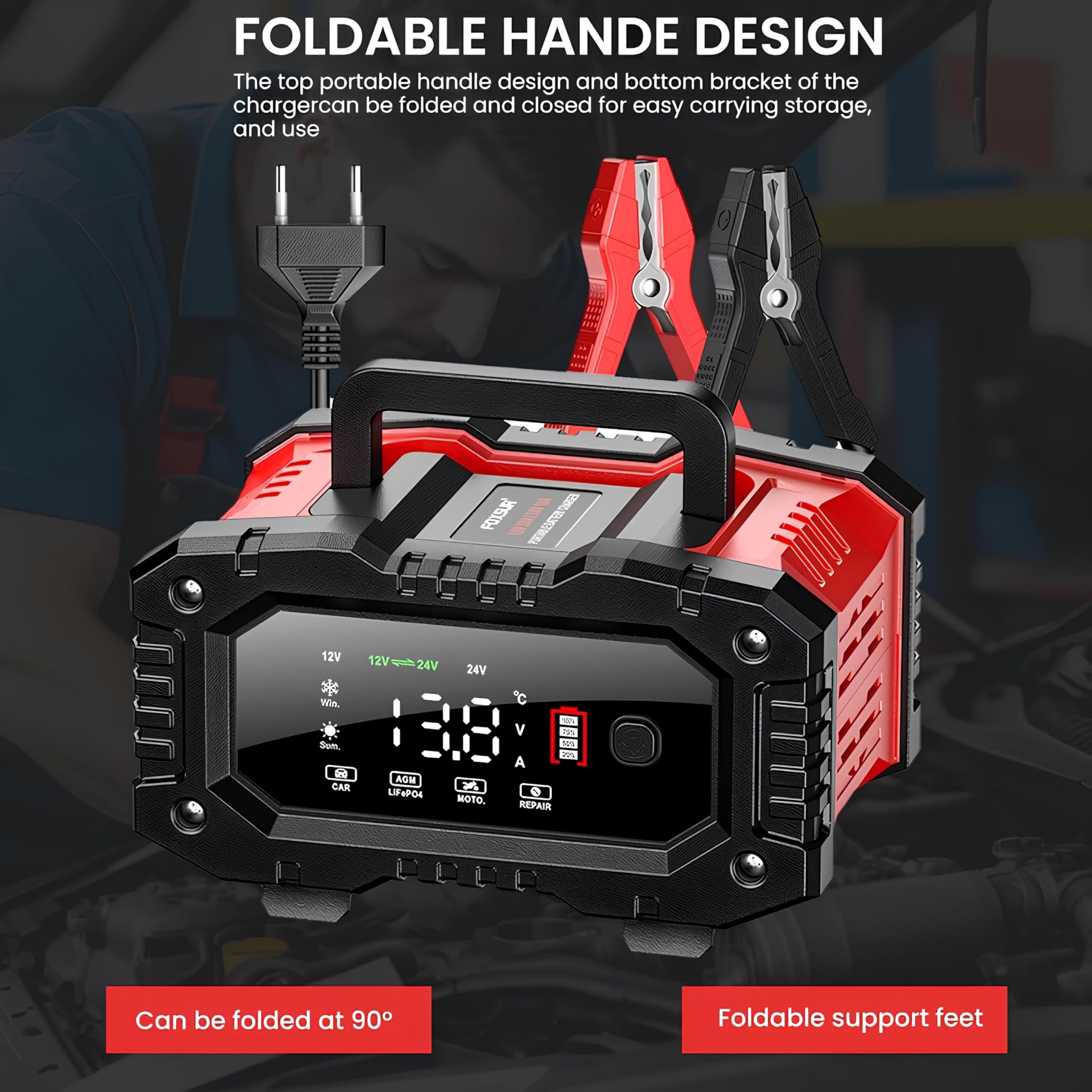 Cargador Baterias Coche - 12V 20A / 24V 10A Cargador de Batería Coche y Moto, con Pantalla LCD, para Automóviles Motocicletas, AGM, Gel, LiFePo4