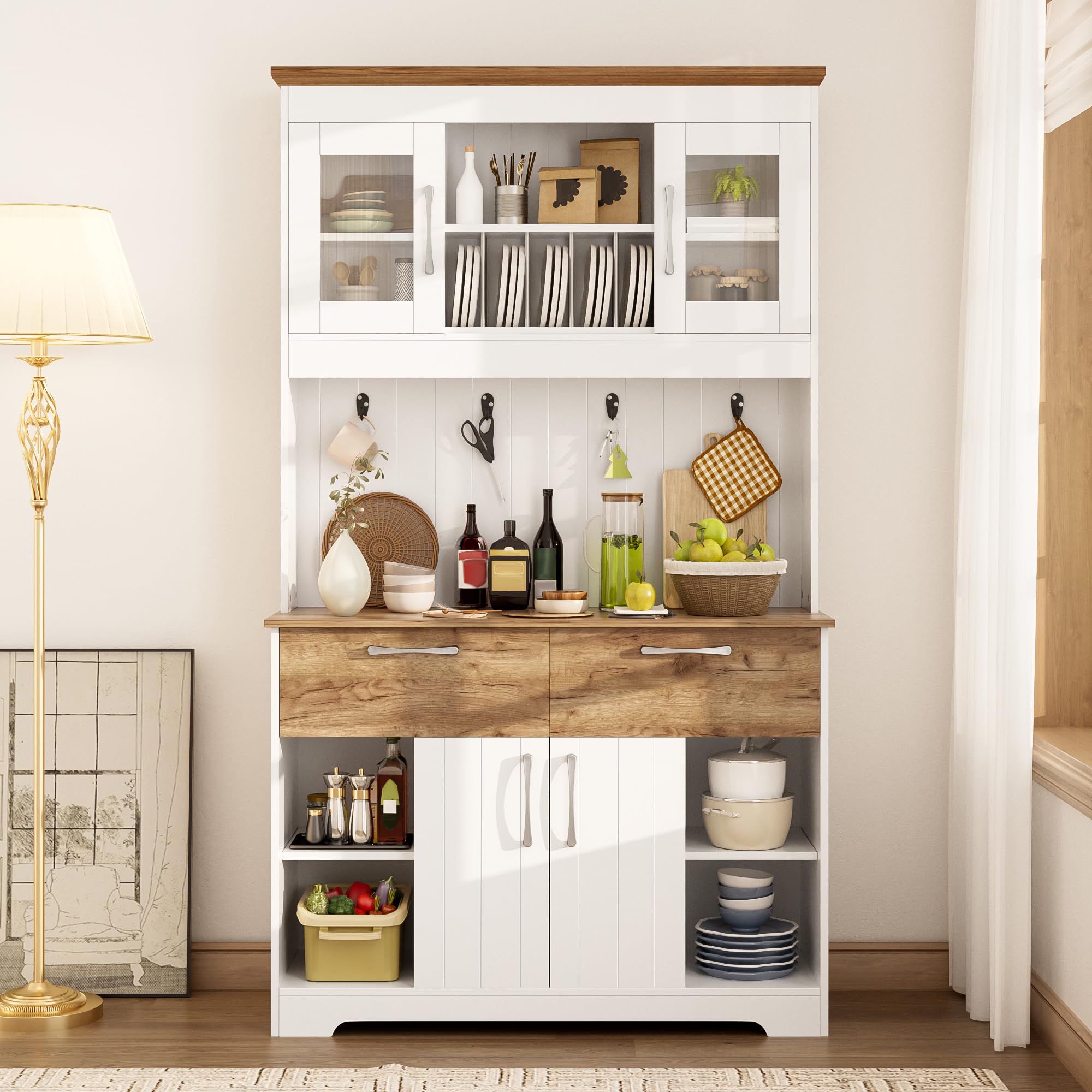 TIZZ Credenza da cucina con vetrine, 2 cassetti, ante, barra appendiabiti, 106 x 39 x 176,5 cm, moderno, per cucina, sala da pranzo, corridoio, naturale, bianco
