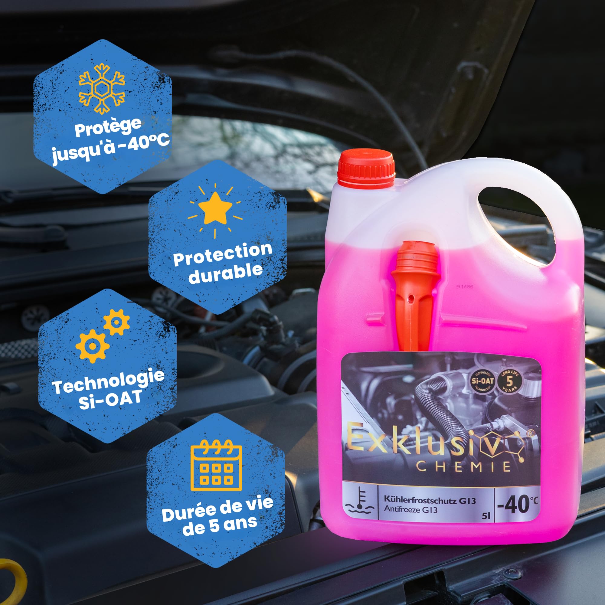 Exklusiv Chemie 5 litres G13 Antigel de radiateur 5 ans | Liquide de refroidissement voiture jusqu'à -40° | G13 Liquide de refroidissement voiture | Prêt à l'emploi