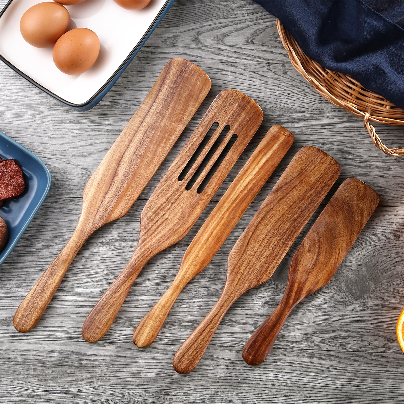 Juego de 5 piezas de madera de teca natural, juego de utensilios de cocina resistentes al calor, antiadherentes, cucharas de madera para cocinar, agitar, mezclar, servir, herramientas de cocina como