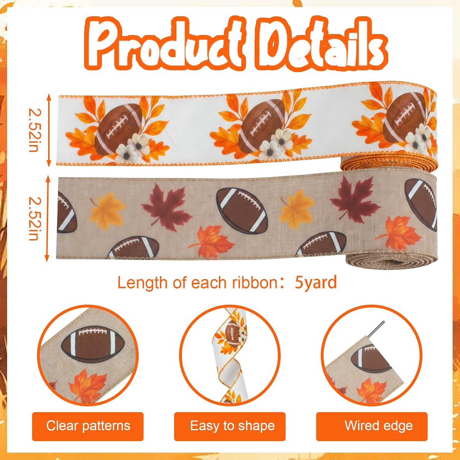 2 Rolls 2.5" × 5 Yd Fall Football Ribbon Homecoming Mum Wired Ribbon image 2