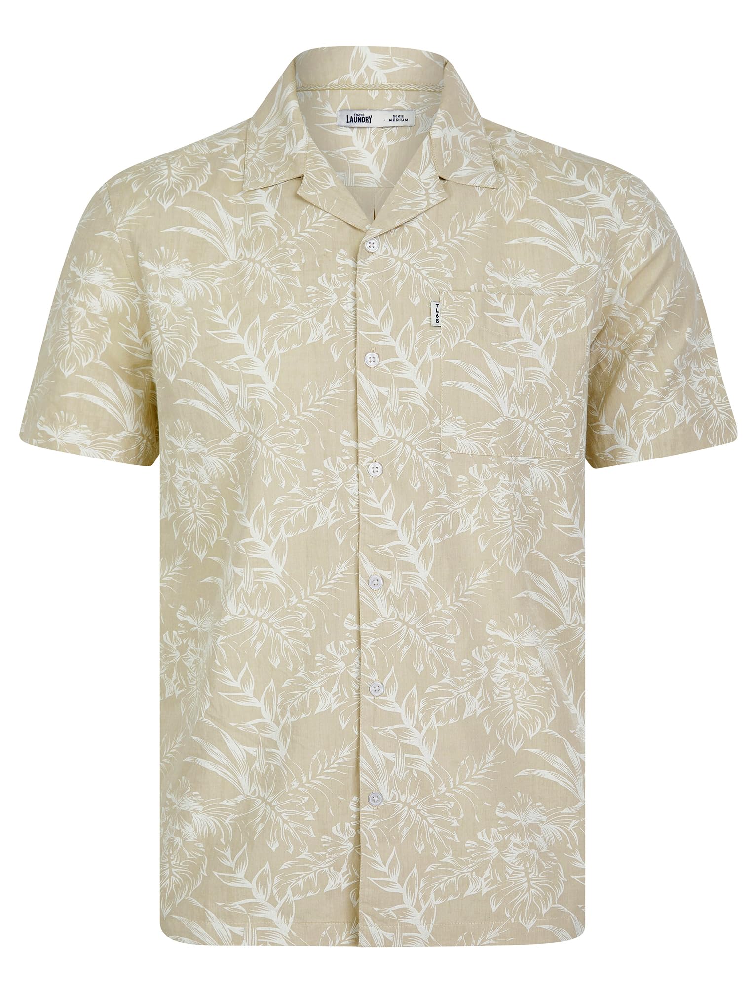 Tokyo Laundry Men's Paraiso - Stone Cotton Floral Print Short Sleeve Open Cuban Collar Hawaiian Shirt