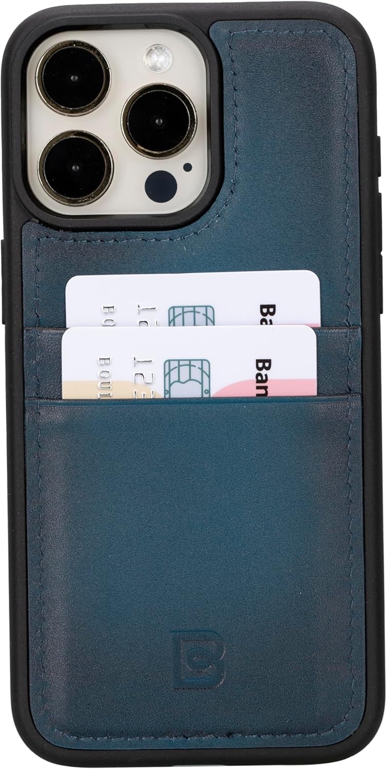 BOULETTA Compatible with iPhone 15 ProMax Case with Card Holder - Genuine Leather, Protective, Slim Phone Case, 2 Card Holders, RFID Blocking 6.7 inches, Blue