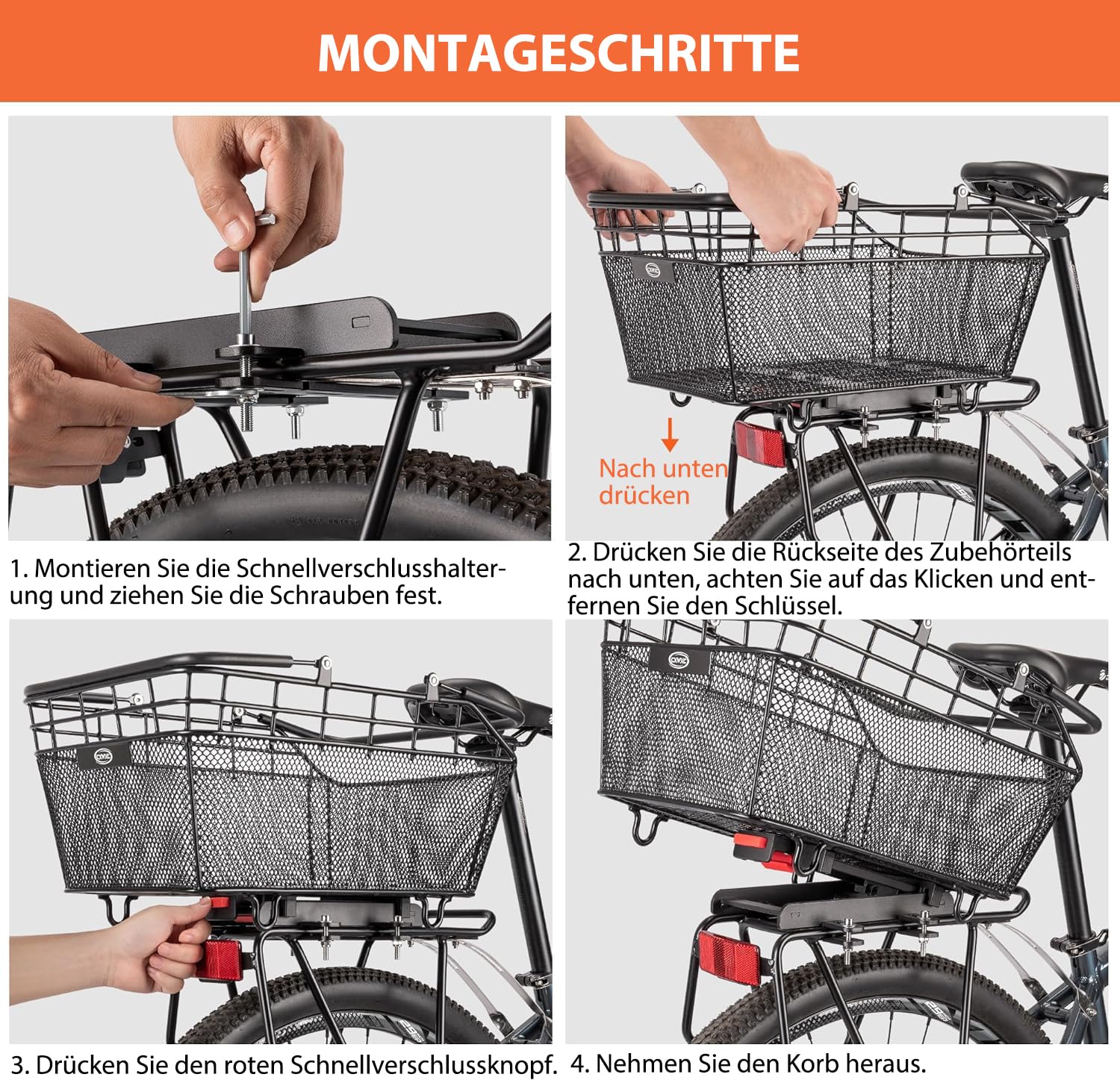 CXWXC Hinterer Fahrradkorb mit Griff – Schnell Abnehmbarer Fahrrad‑Heckkorb mit Gepäcknetz und wasserdichter Abdeckung, großer Drahtkorb für das Fahrradheck