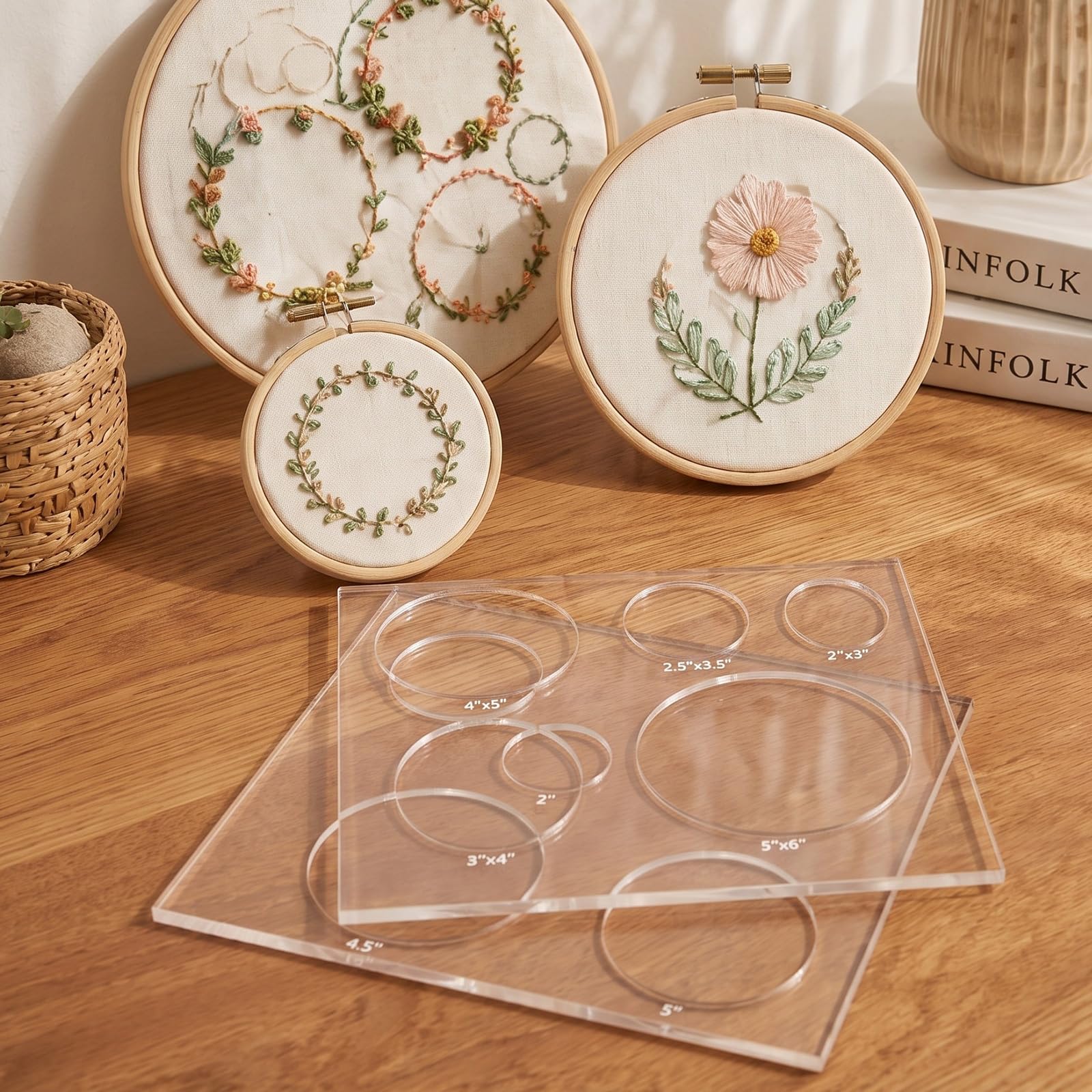 Dunzoom Paquete de 2 plantillas de bordado de acrílico transparente de 11.75 x 11.75 pulgadas, plantillas de forma circular y ovalada para punto de cruz, costura, manualidades, plantilla de