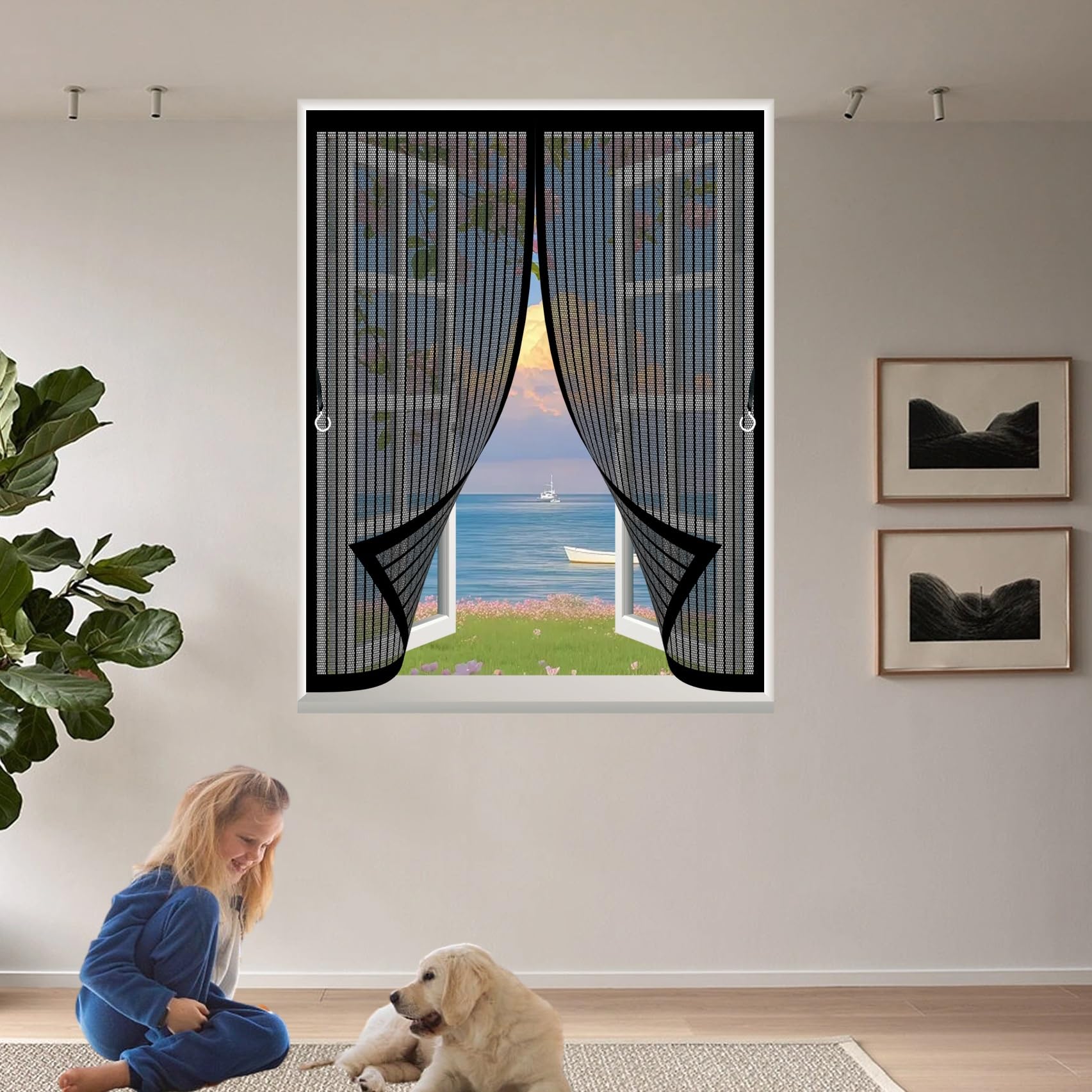 Protection contre les moustiques de fenêtre 141x140 cm avec rideau anti mouche à fermeture auto