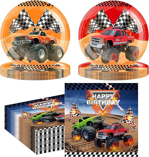 40PCS Monster Truck Party Supplies Decorations Birthday Paper Plates and Napkins Car Themed Party Decorations Disposable Dessert Dinnerwares for Boys Girls Baby Shower Birthday Decor