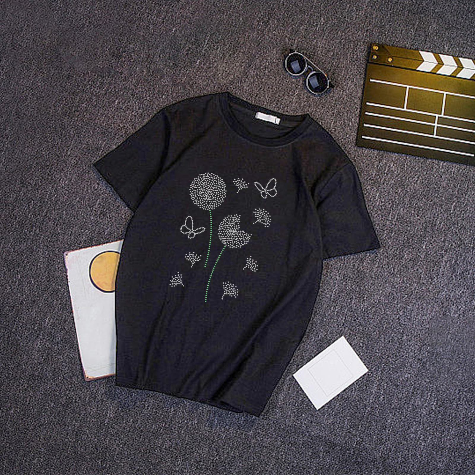 Löwenzahn & Schmetterling Strass-Bügelbild – Hotfix Transfer, DIY Patch Für Kleidung & Taschen