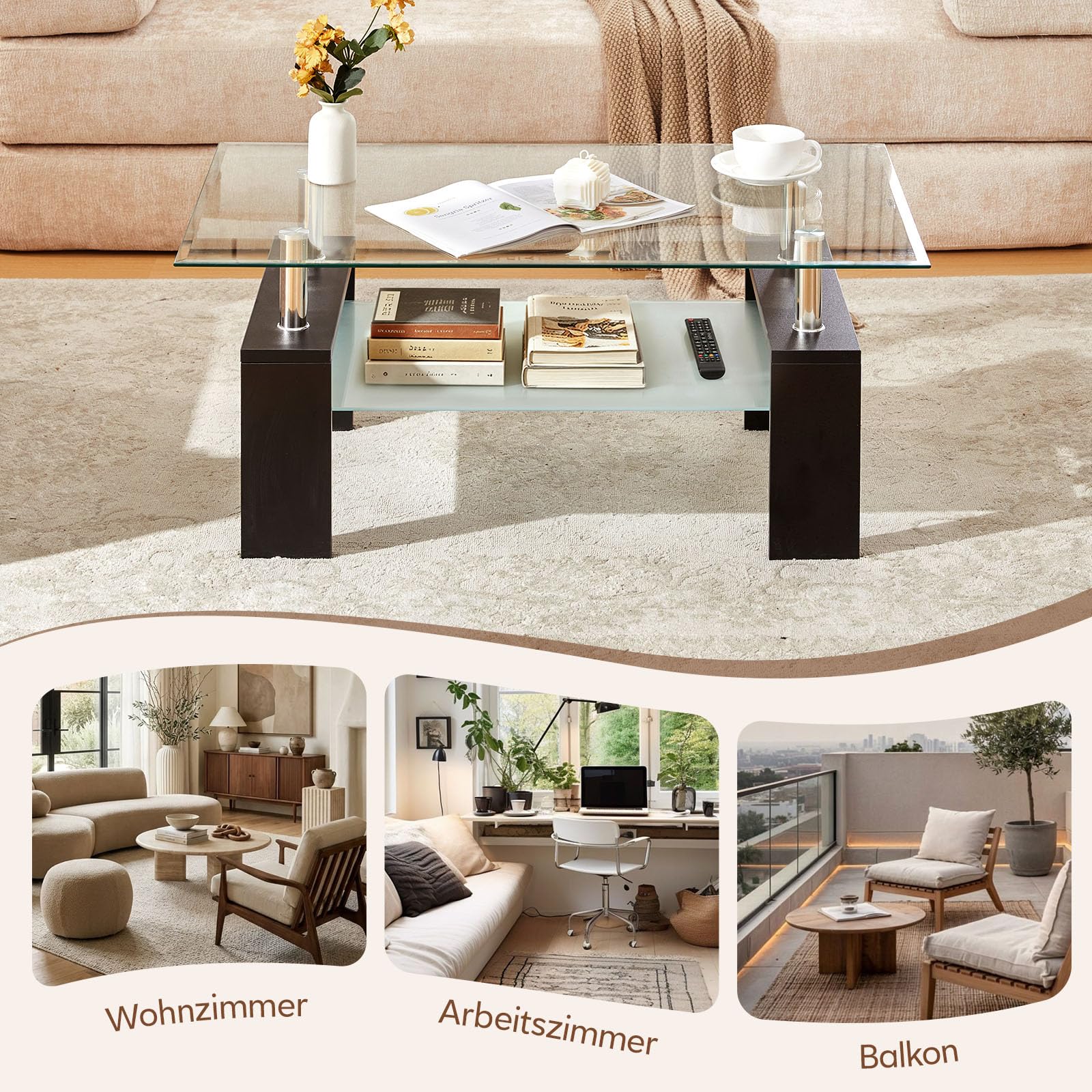 TUKAILAI Couchtisch Glas Modern Rechteckiger Wohnzimmertisch Couchtisch mit unterer Ablage, Beistelltisch Glastisch für Wohnzimmer, Gäste, Empfang, Zimmertisch, Schwarz,100x60x45 cm