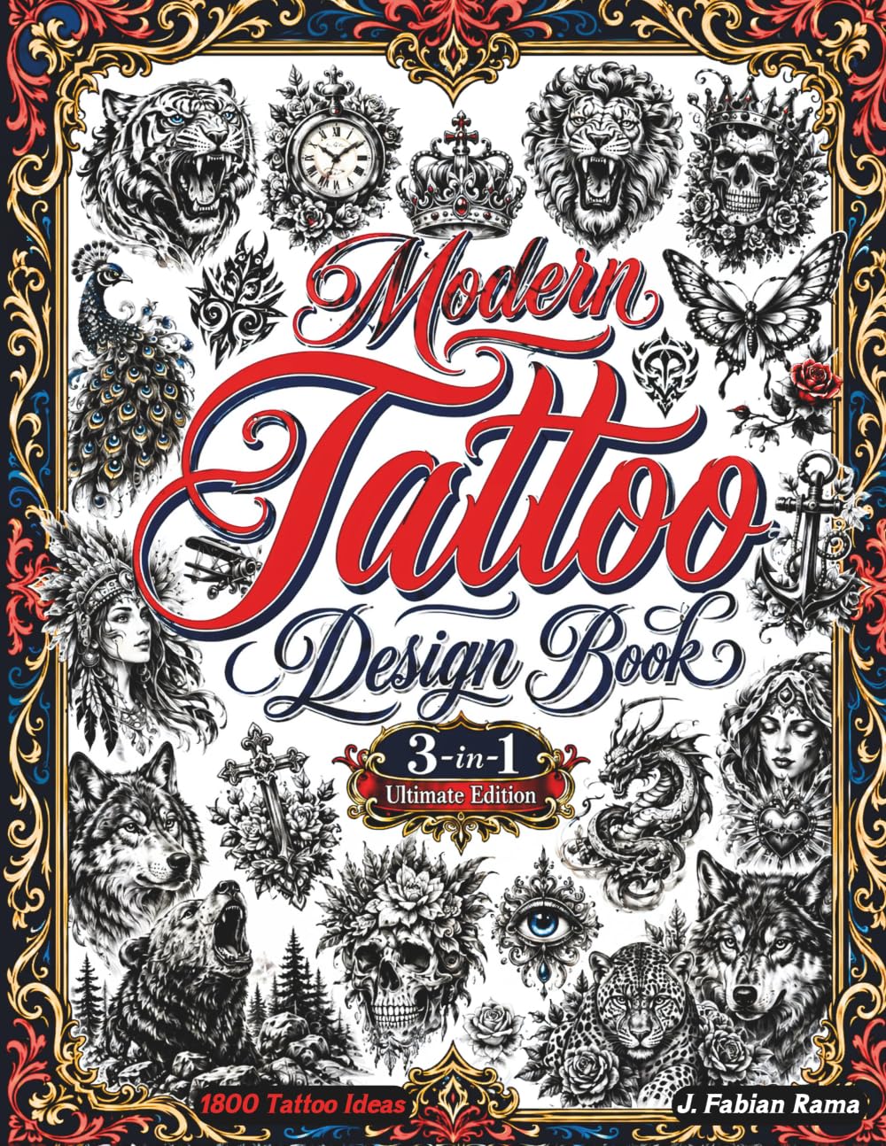 Livre de modèles de tatouage avec 1800 flashs noirs et gris et 40 alphabets