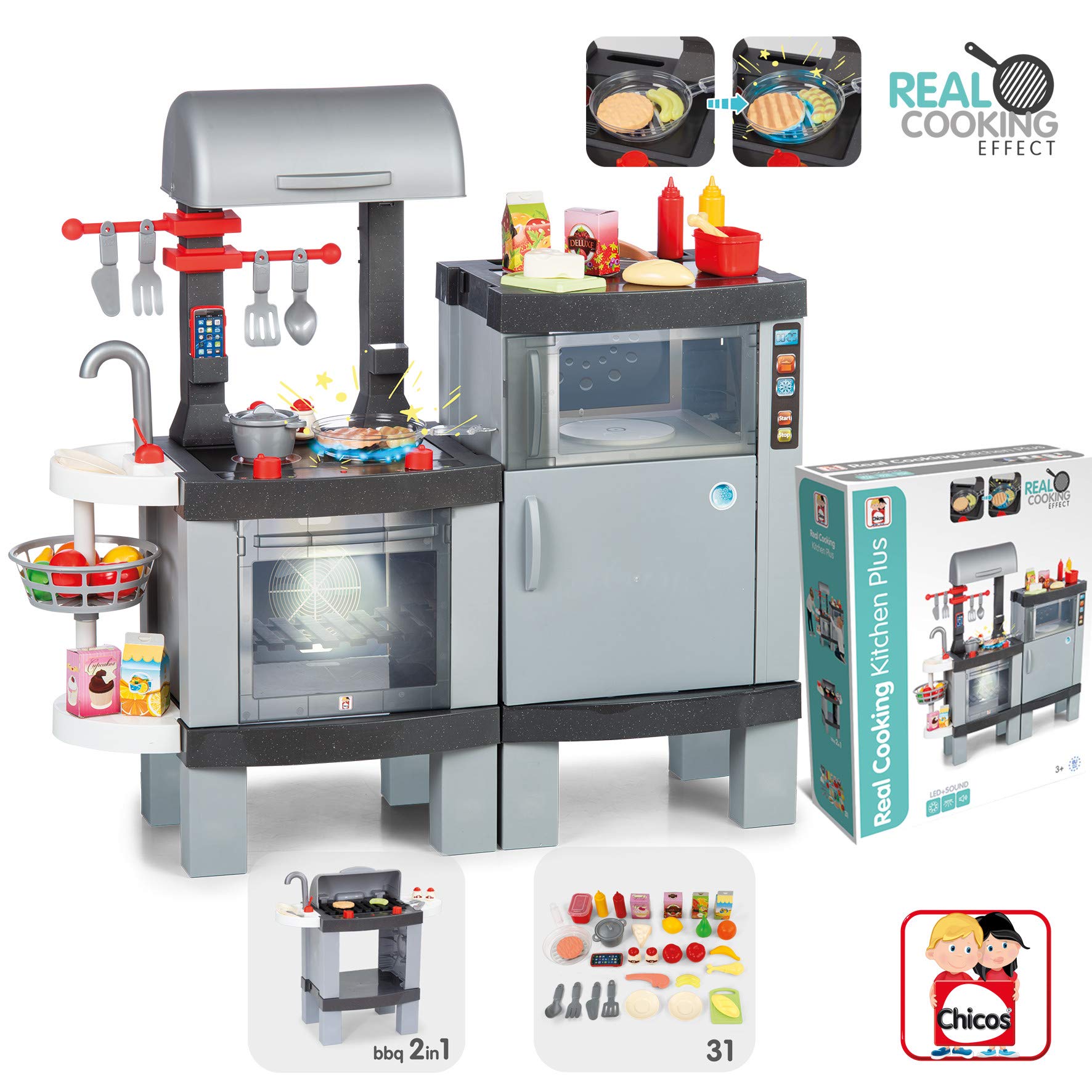 Chicos - Cocina de Juguete Cooking Plus 2en1 | Barbacoa Infantil con Efecto de Cocina Real: Los Alimentos cambian de Color Cuando se cocinan en el fogón LED | Incluye 31 Accesorios (85110)