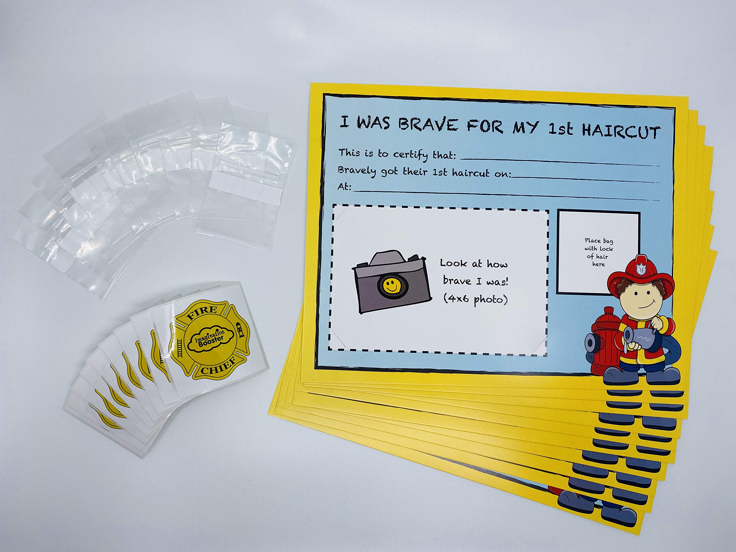 Fire Chief First Haircut Certificates - 10 Pack With Hair Bags & Photo Spots