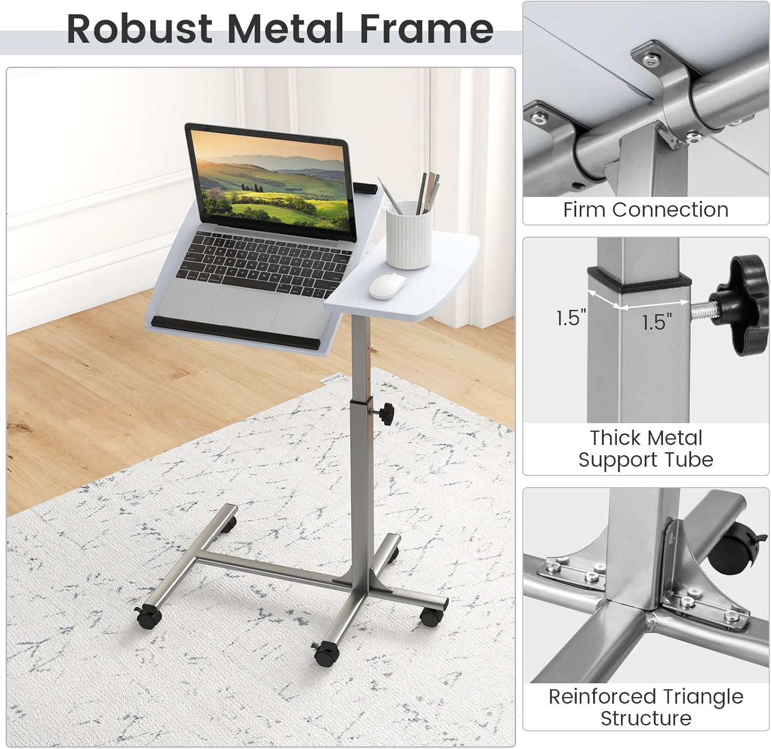 MEDIMALL Mobile Standing Desk, Height Adjustable Rolling Laptop Desk w/ 45° Tilting Tabletop, Sit-to-Stand Computer Workstation w/Lockable Wheels, Portable Podium Stand for Home Office (White)