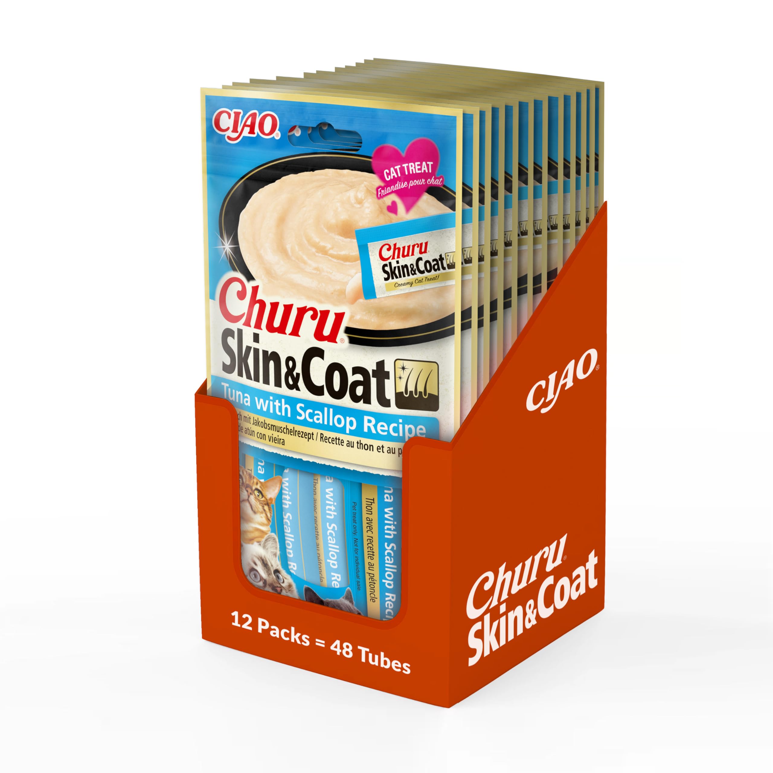 INABA Churu Skin & Coat Cat Treat - Tuna with Scallop - 12 Packs (48 x 14g total) / Soft & Creamy Treat, Delicious & Healthy Snack, Lickable Sticks, Purée Food Topper, Natural, Grain Free