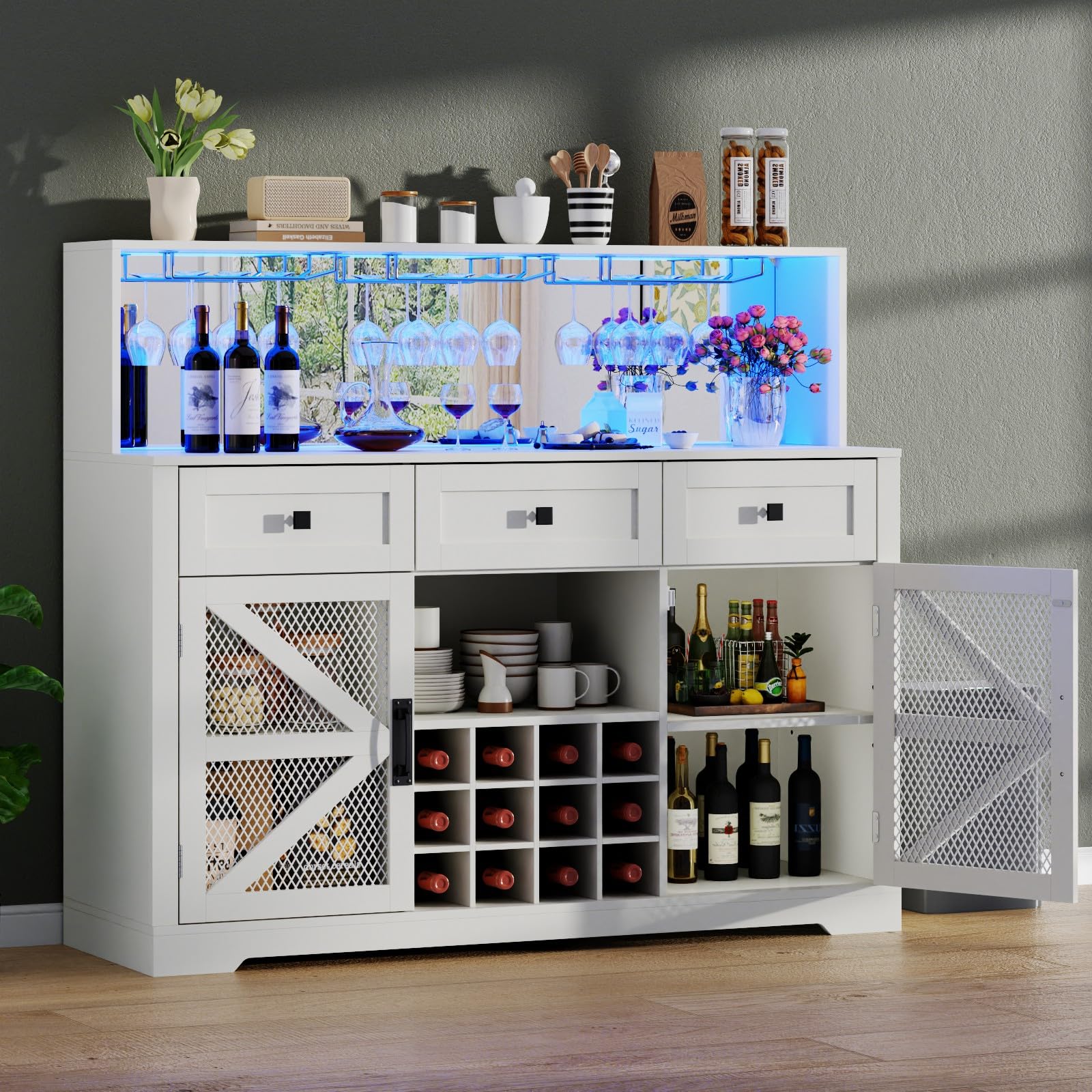 Wine Bar Cabinet with LED Light, Kitchen Buffet with Storage Cabinet & 3 Sliding Drawers, Adjustable Shelf, Goblet Holder, Acrylic Mirror for Living Room, Dining Room Use (White-LED)
