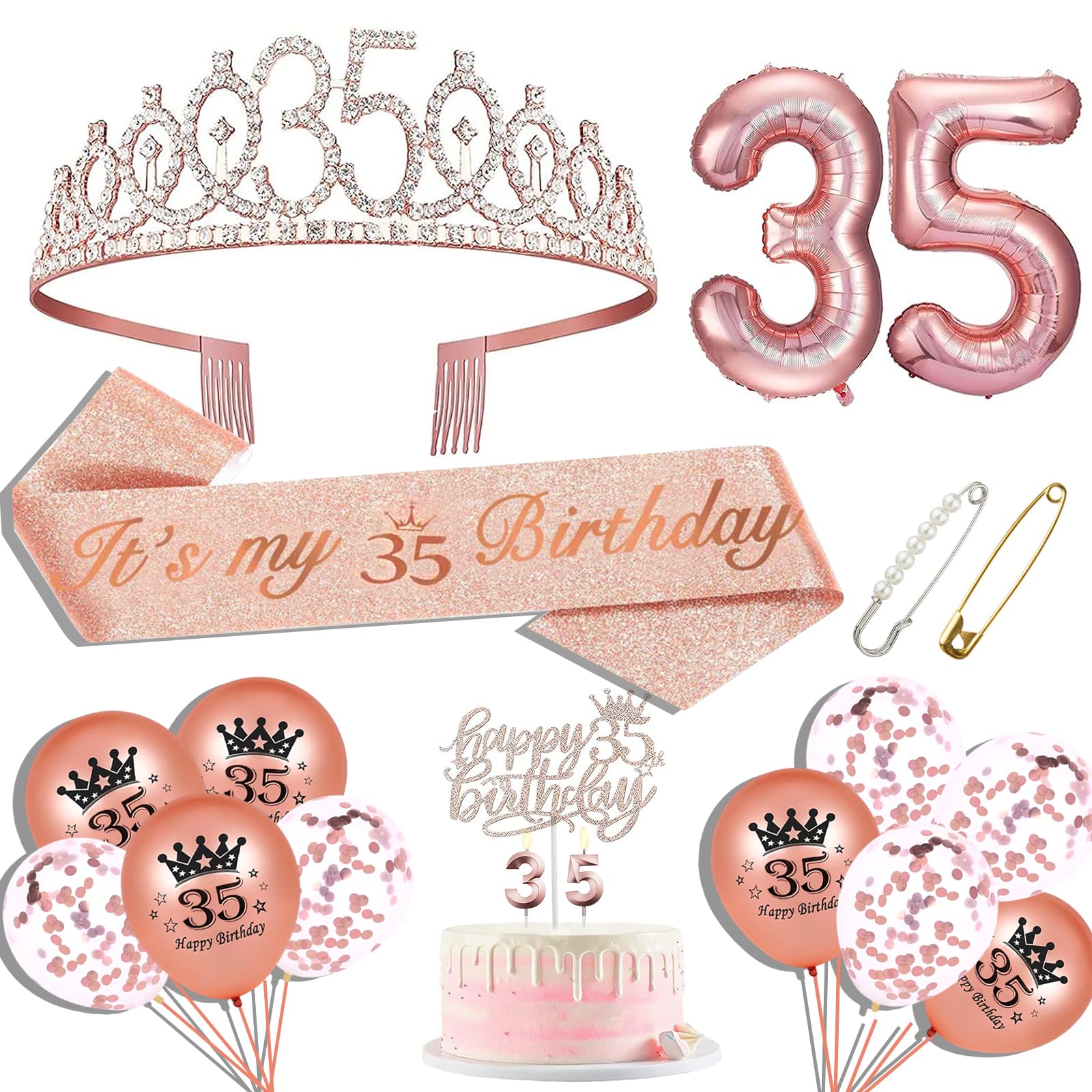 Hysilla 35th Birthday Set - Sash, Crown, Cake Topper, Balloons, Pin & Candle, Rose Gold